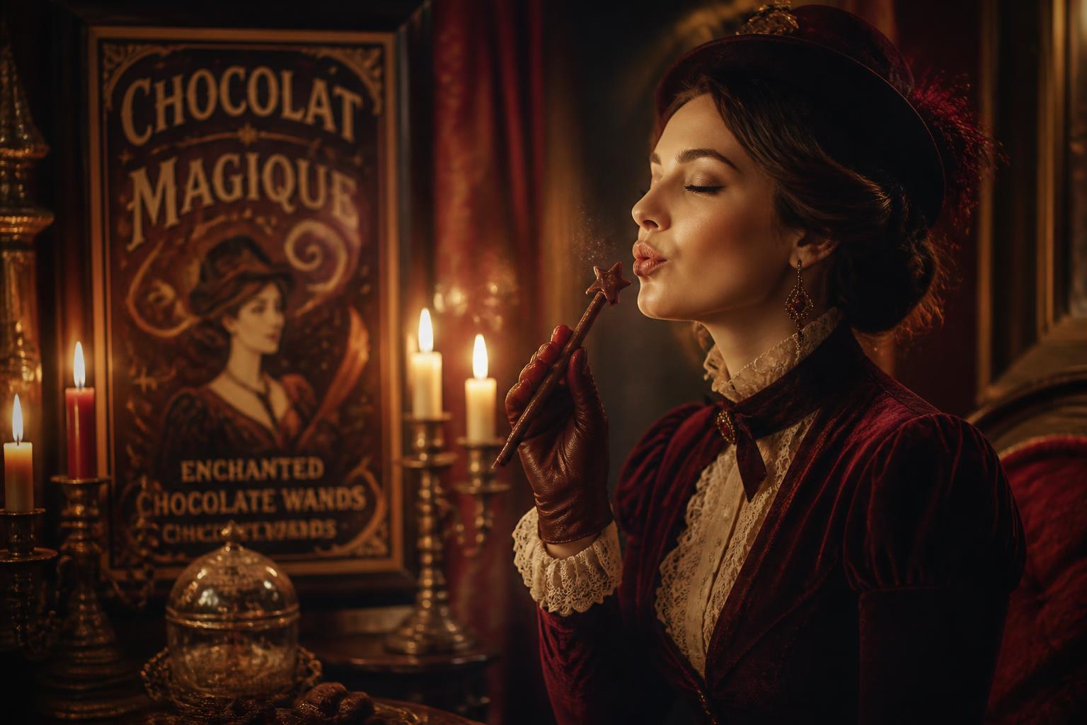 A woman in vintage attire savoring a chocolate wand by candlelight