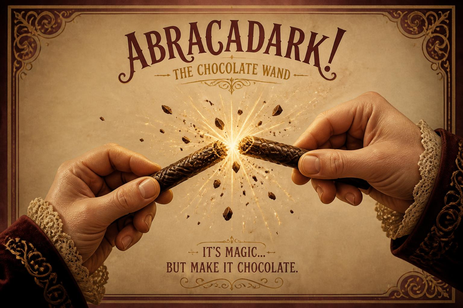 A chocolate wand snapping in half with golden sparks