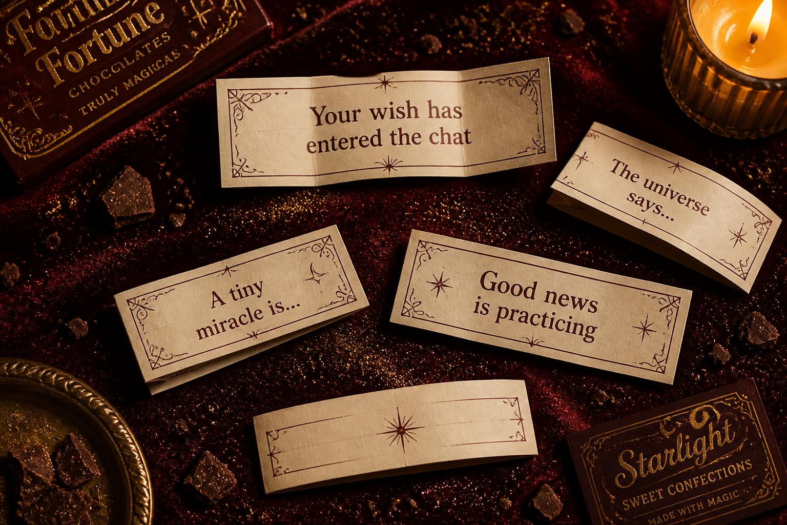 A flat lay of vintage mystery wish cards scattered with chocolate crumbs and gold dust